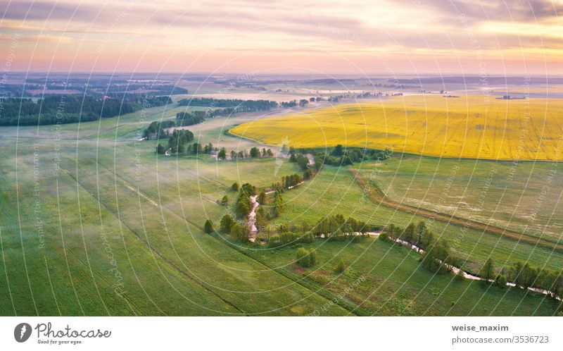 Spring morning aerial rural panorama. Sunrise over green and yellow blooming colza fields spring river fog trees clouds oil agriculture oilseed brassica