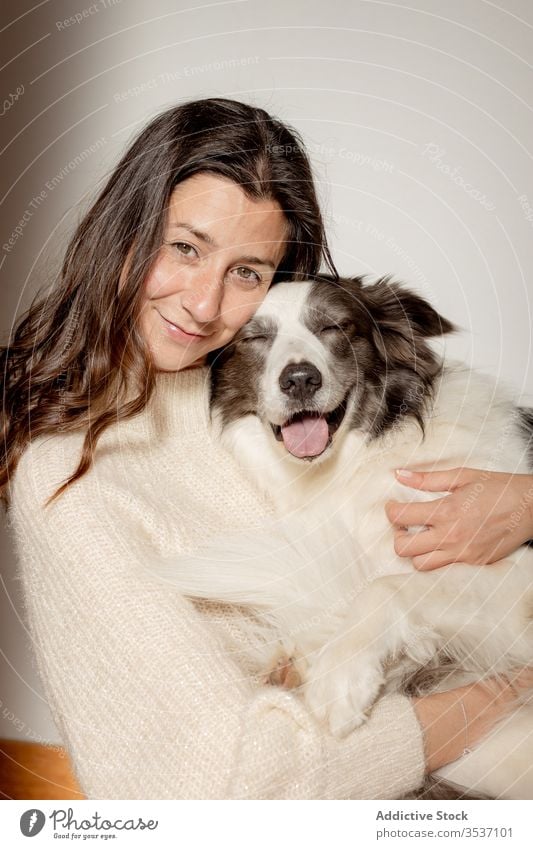 Happy woman embracing cute purebred gray white dog during rest on floor embrace hug care sit friendship pet adorable border collie together animal happy smile