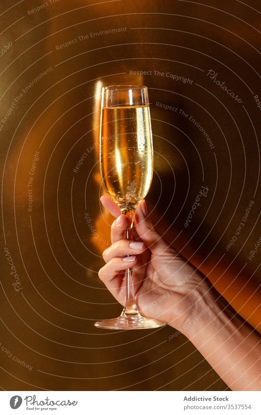 Crop person holding wineglass with champagne during party hand alcohol drink event fun cheers entertain gather friend refreshment leisure tasty relax evening