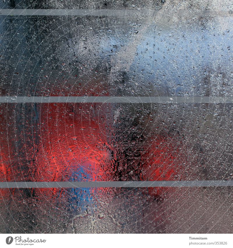 Cutting disc. Public transit Train travel Partition wall Window pane Glass Esthetic Fresh Blue Gray Red Emotions Line Drop Rainwater Drops of water Wet