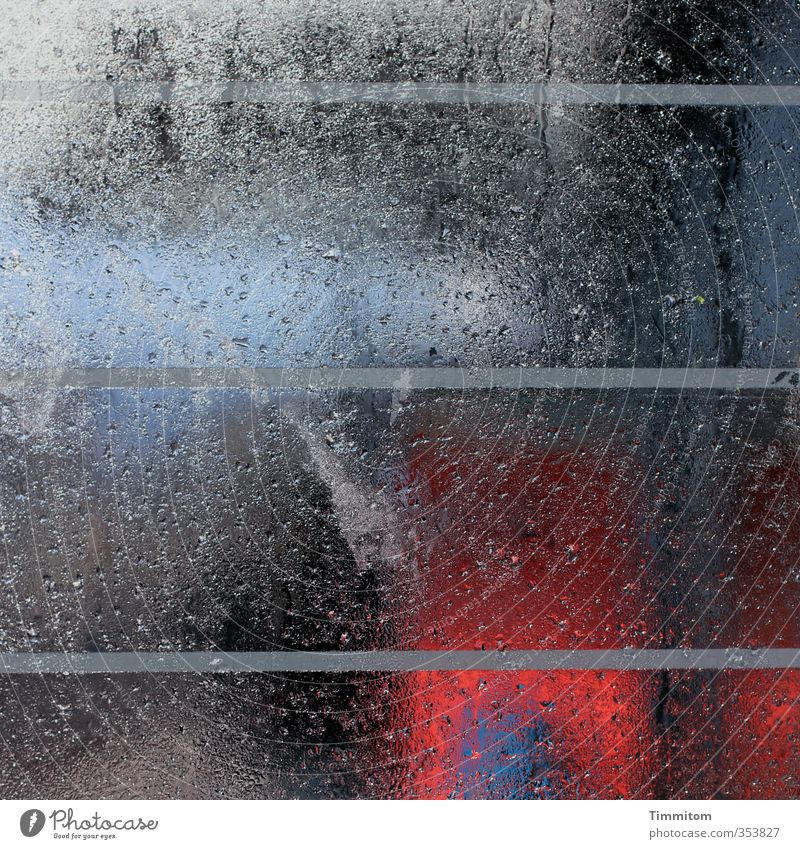 wet. Public transit Window pane Line Stripe Drops of water Rainwater Patch Shelter Glass Looking Dark Simple Wet Blue Gray Red Black Emotions Colour photo