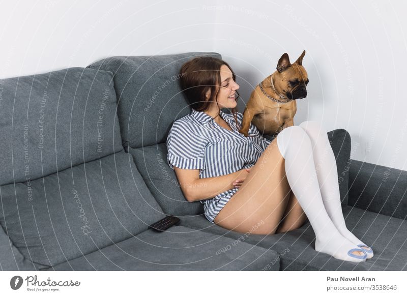Sensual woman with French Bulldog sitting on sofa indoors french bulldog lifestyle house happy female 20s casual caucasian day lazy domestic friends leisure