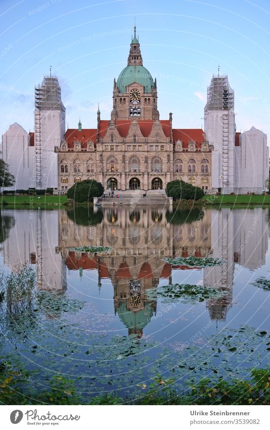 New city hall Hannover with veiled side wings City hall pensive Water Lake reflection Magnificent building New Town Hall Tower City Hall Dome Facade