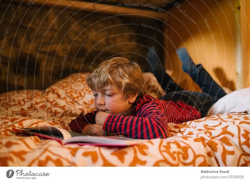 Serene boy reading book on bed at home child fairytale dreamy enjoy story cantabria spain kid childhood free time hobby serene tranquil calm quiet lying bedroom