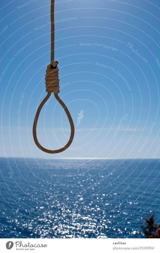 Serious decision Ocean Mediterranean sea Majorca Vantage point Freedom Infinity Horizon rope noose Knot hang suicide Exit route hopelessness Coast Sky