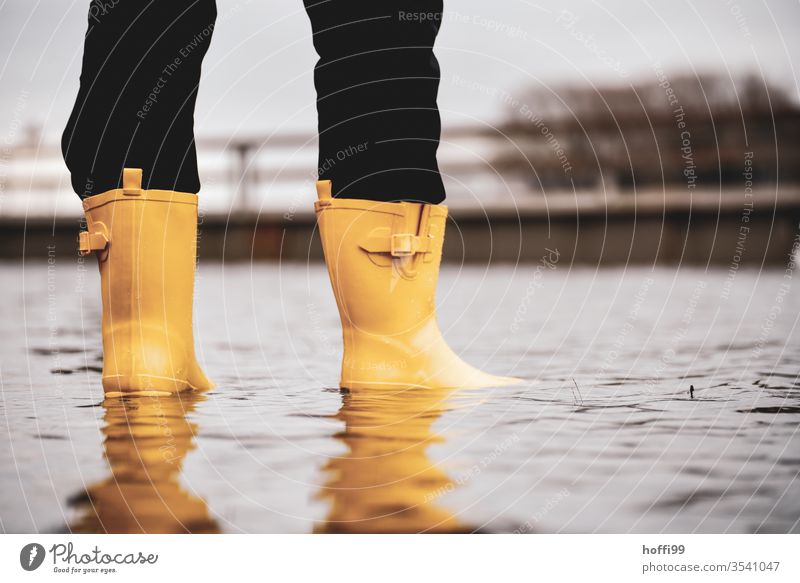 yellow rubber boots stand on the flooded promenade Rubber boots Yellow Flood Climate change Overwhelmed flood situation Environment global warming heating Weser
