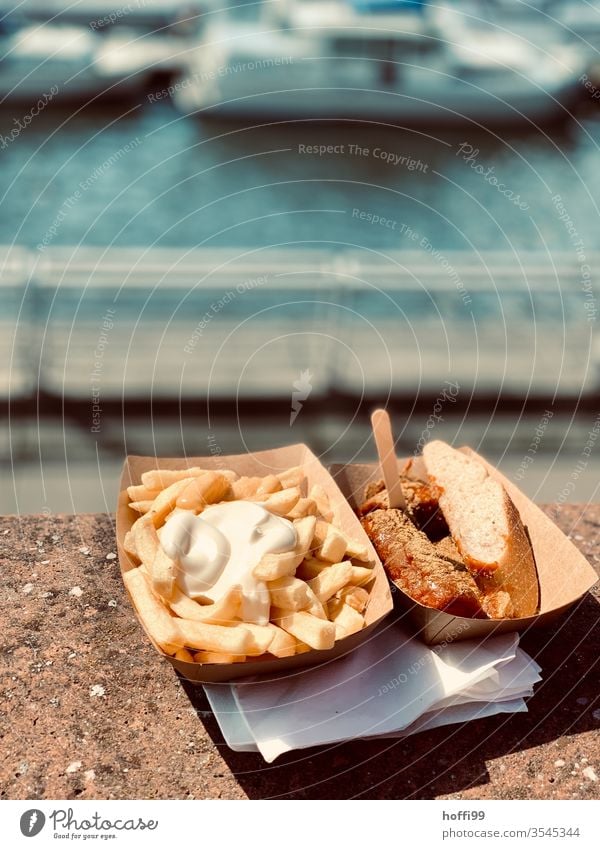 Currywurst Pommes Mayo in the harbour Hotdog French fries sausage majo Mayonnaise Fast food Fat Eating Lunch Unhealthy Nutrition Appetite Ketchup Potatoes