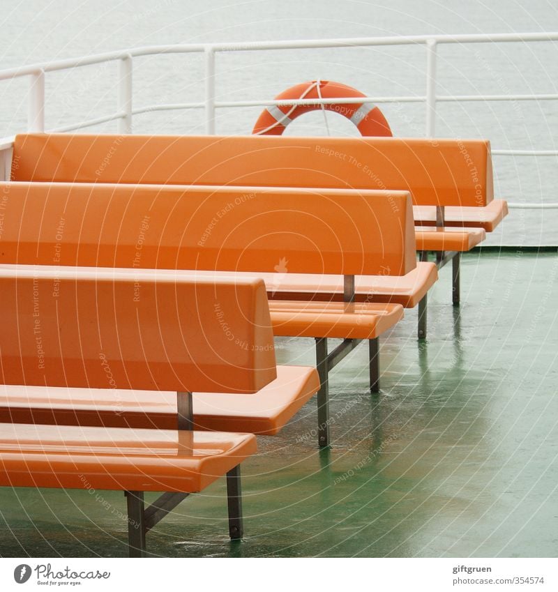 free choice of seats Transport Navigation Ferry On board Maritime Bench Seating Crossing Water wings Life belt Safety Railing Handrail Orange Empty Deserted