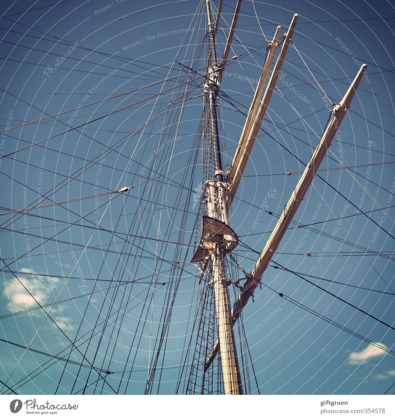 Cross and cross Navigation Yacht Harbour Old Sailboat Watercraft Mast Rigging Rope Sky Blue Sky blue Clouds Shrouds Boating trip Trip Excursion boat