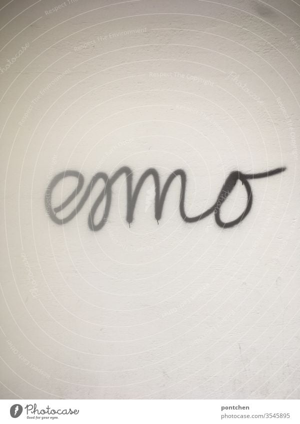 Graffiti word "Emo" in black on white wall. Youth culture. Emotions. Fad graffiti Word Subculture sad Fashion Black White spelling mistakes