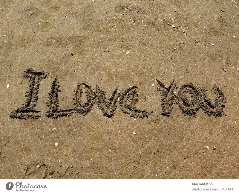 I love you written in the sand on a sunny day Sand Beach Beach dune Ocean Vacation & Travel Relaxation Coast Summer Sky Sun Nature Sunlight Copy Space top