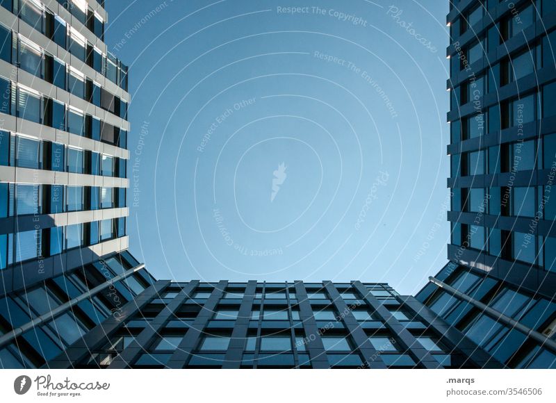 Blue house under blue sky Interior courtyard Building Architecture Facade Window Tall Perspective Cloudless sky Worm's-eye view Skyward Real estate market