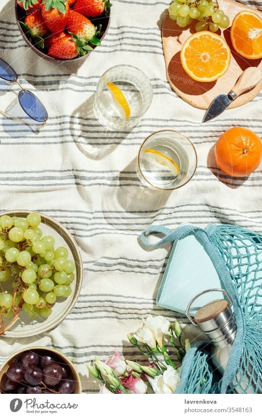 Feminine summer picnic flatlay, fruits, berries and lemon water on striped cotton blanket glasses citrus seasonal fresh grapes notebook string bag zero waste