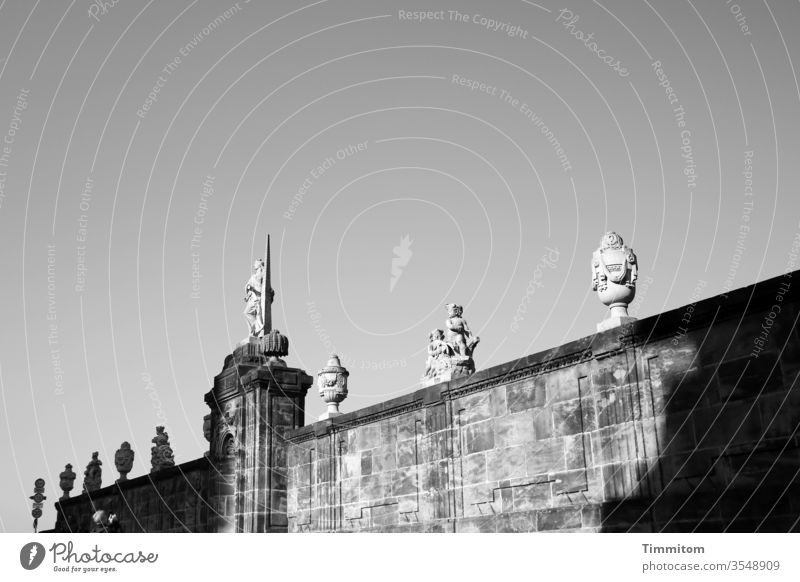 Richly decorated wall in Bamberg Wall (barrier) Statues symbols Old town Deserted Historic Manmade structures Black & white photo Light Shadow Sky