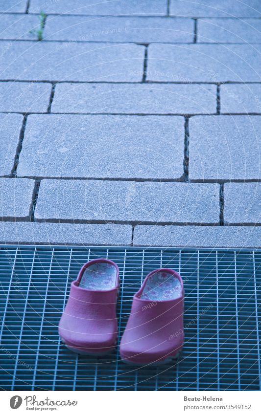 red clogs are outside the front door Footwear move out Barefoot Front door Clean Colour photo Exterior shot Deserted Detail Outdoor photography Metal grid visit