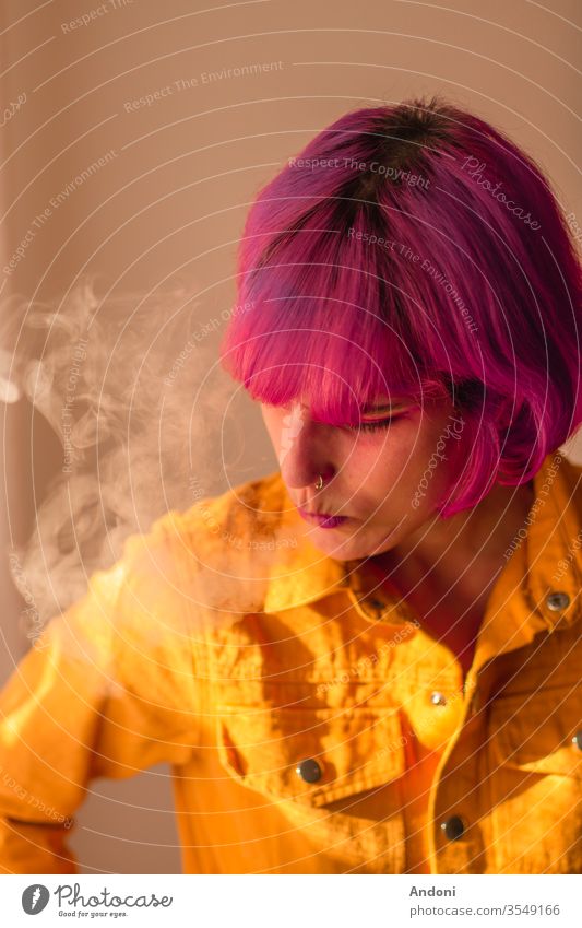Girl with pink hair smoking Grinning Laughter Face Skin Pink Woman Eyebrow Moody Portrait photograph Smoking Blaze Smoke Cigarette Black