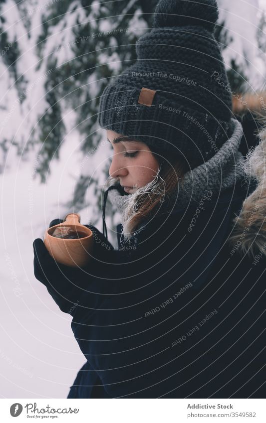Woman drinking hot tea in snowy forest woman winter warm cup cold beverage young female travel tourism finland rovaniemi countryside woods nature season frost