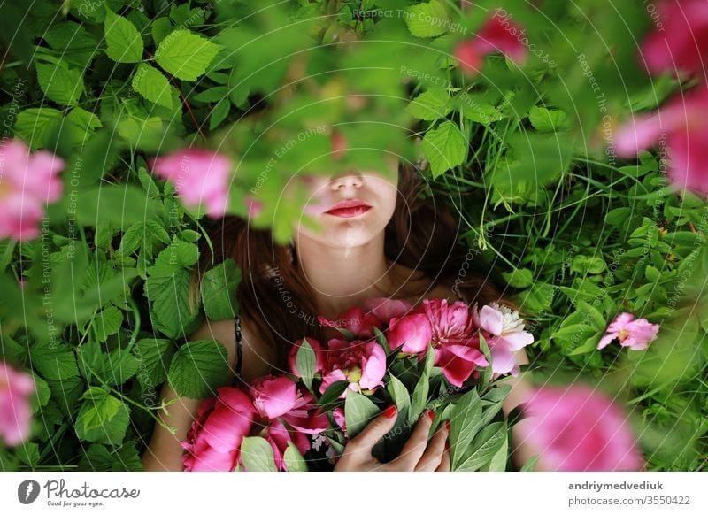 Bouquet of Peony. beautiful young woman lies among peonies. Holidays and Events. Valentine's Day. Spring blossom. flowers peony portrait glamour pink romantic