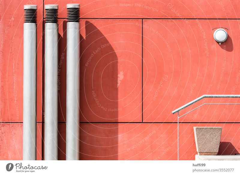 Stairs, three exhaust pipes, outside light and flower pot Banister Outlet air Orange Wall (building) Still Life urban Chimney Facade built Wall (barrier)
