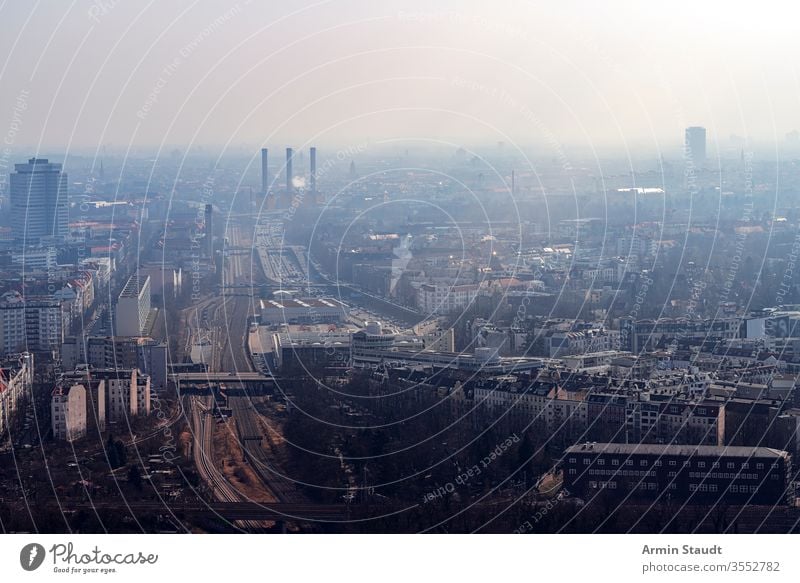 misty skyline of Berlin with freeway aerial aerial view air architecture attraction berlin building city destination dust empty europe european famous fog