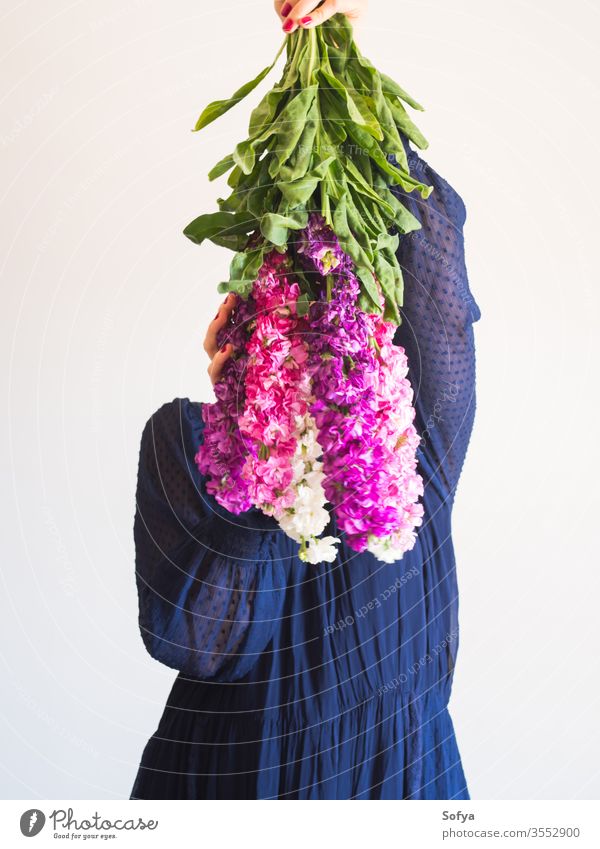 Creative female faceless portrait with bunch of flowers pink mothers day woman spring matthiola incana purple romantic bouquet womens day gift trendy dark dress