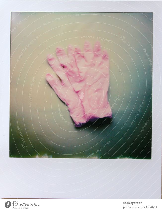 Glove size M. Gloves rubber gloves Minimalistic Polaroid Analog pink green Protective clothing Protection Colour photo hands neat centred Copy Space top