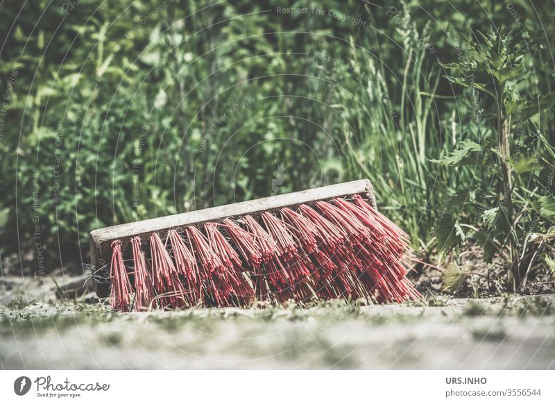 an old broom lies in the garden on the ground Broom Sweep put down Lie Cleaning Dirty Colour photo Deserted Garden Gardening Bristles Exterior shot Day