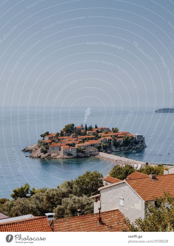 View of the island Sveti Stefan in Montenegro Balkans vacation Exterior shot Vacation & Travel Landscape Mountain Deserted Tourism Summer Far-off places Coast