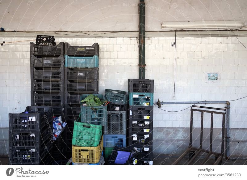 crates Covered market Vegetable food Empty Old Provision left standing Markets food products Wall (building) tiles