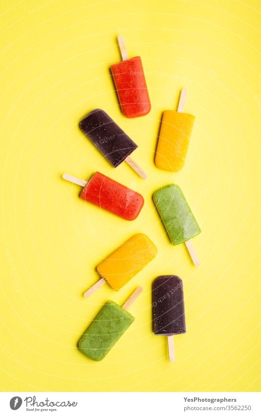Ice cream popsicles homemade. Set of fruit ice creams above view colorful delicious dessert detox diet diversity flat lay flavor food freeze frozen fruits green