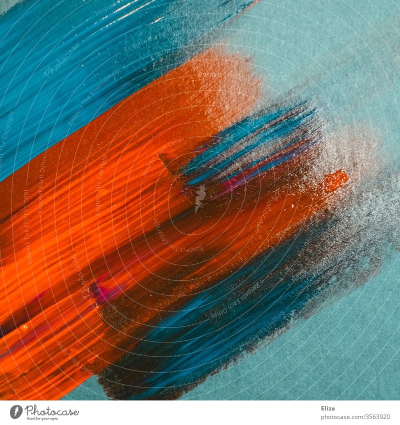 Red and blue brush strokes with acrylic paint on blue background. Painting. Abstract. Colour Brush strokes aryl color painting Art Wild havoc Blue Mix