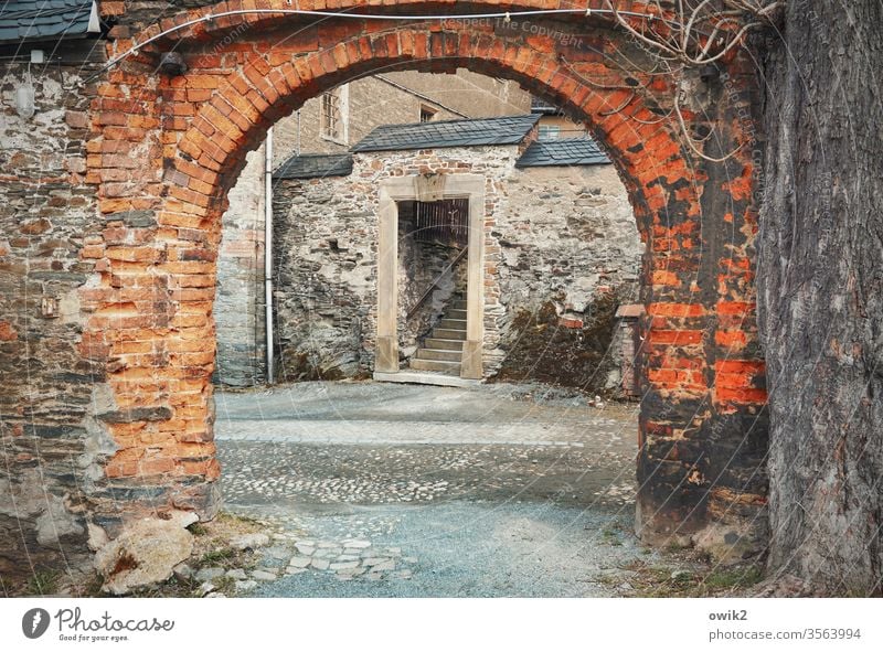 back door Goal Brick arched gateways bows Drive through Stairs staircase Passage Wall (barrier) Old Historic greiz Thuringia Lock castle courtyard Vista