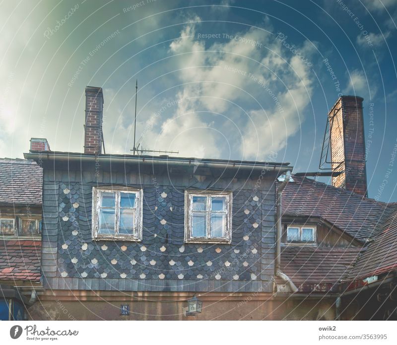 Lodge House (Residential Structure) Old Slate slate wall Window Above Sky Clouds Mysterious Pattern Facade Colour photo Deserted Wall (building) built Roof Day