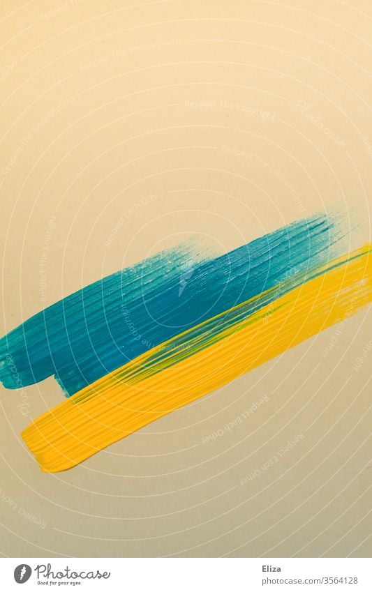 blue and yellow brush strokes on beige paper Brush strokes graphically shape Colour Art painting Graphic Blue Yellow Beige Abstract Structures and shapes Stripe