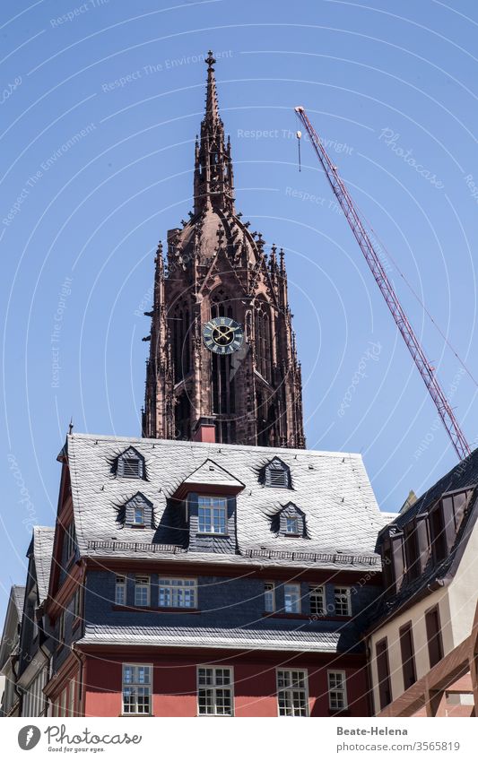 Old Town Frankfurt/Main Old town Crane Church Church spire Old buildings roofs gable window Tradition Time Sky Perspective Cloudless sky