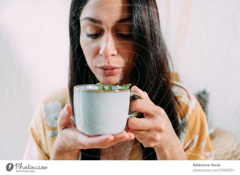 Young lady drinking mint tea at home woman relax blow hot beverage mug enjoy morning fresh delicious warm comfort casual female brunette calm cup rest brew