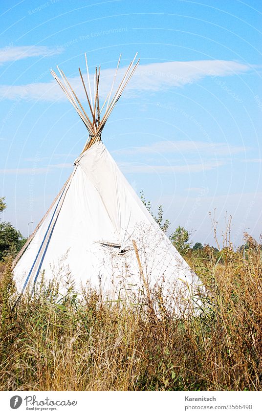 A tepee in the high grass against a blue sky. Tee Pee Tent Indian tent tent poles Tarpaulin White Built Meadow Grass Summer Dry Brown Sky Blue Clouds romantic