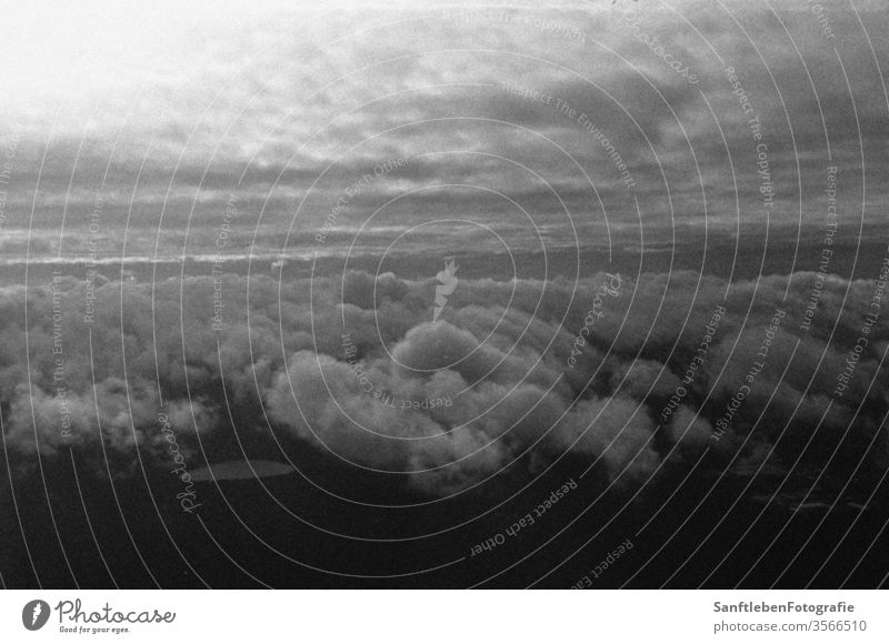 Himmel aus dem Flugzeug Sky Clouds Black & white photo Analog Contrast cloudy mirroring Flying