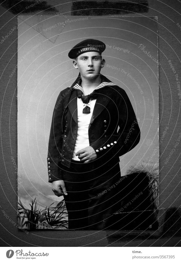 for family album Man Sailor portrait photo studio posing Uniform Jacket cap garments uniforms then Former Old Nostalgia Military Buttons seafaring workwear