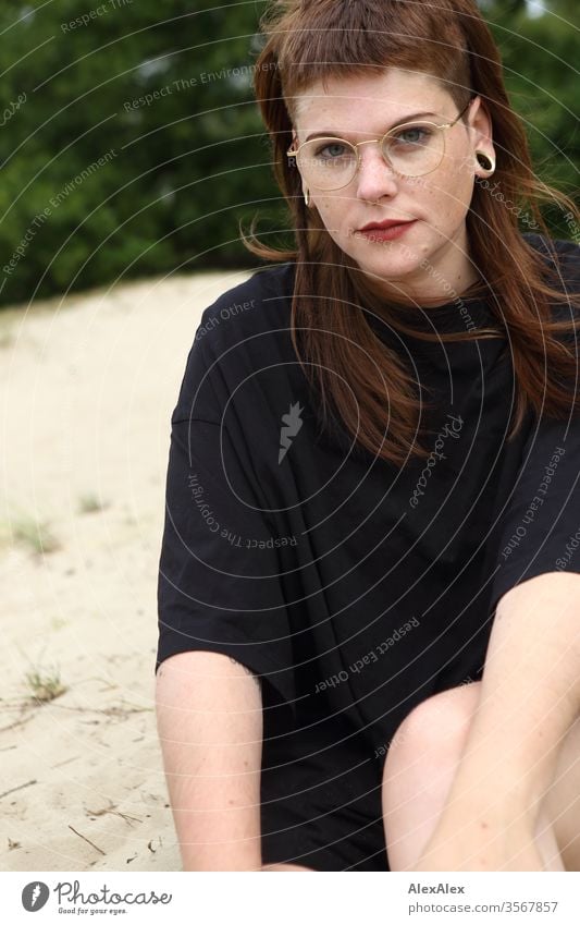 Portrait of a young woman in the park Woman Youth (Young adults) already Strong Alternative great Piercing Skin Intensive Looking look watch Stand Slim Esthetic