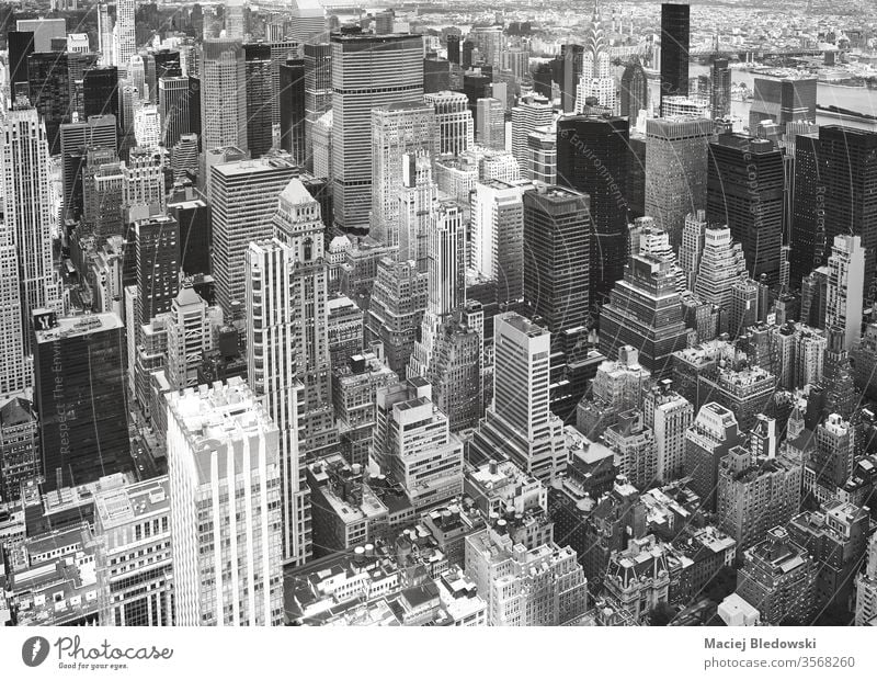 Black and white aerial view of Manhattan, New York. city NYC travel cityscape black and white office apartment architecture building America urban USA day