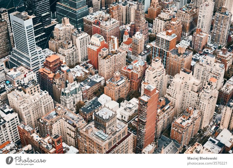 Aerial view of Manhattan, New York City, USA. aerial city building metropolis house office apartment architecture residential NYC travel cityscape America urban