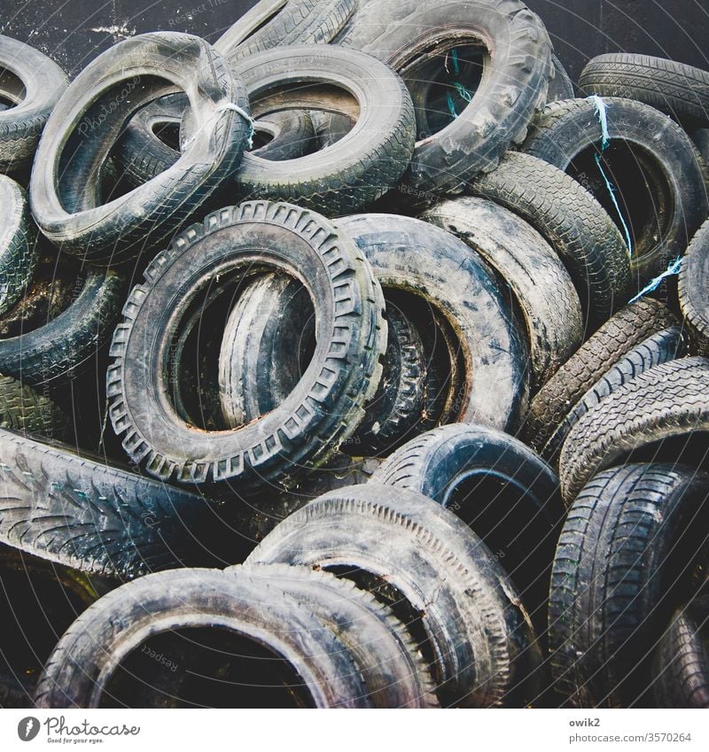 Rubber Rings Car tire Old Trash waste worn-out Recycling Dirty Plastic hotchpotch Many Collection point Environmental pollution Container Trash container