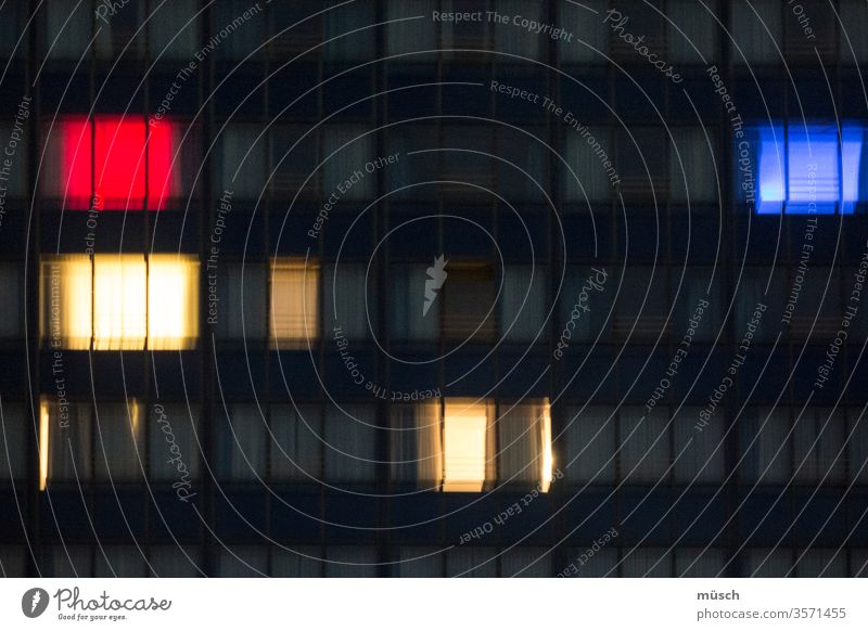 Lights in the night Red Blue White Black Lamp arrogance Night House (Residential Structure) Window Curtain Curiosity people Facade Flat (apartment) Blur Ask