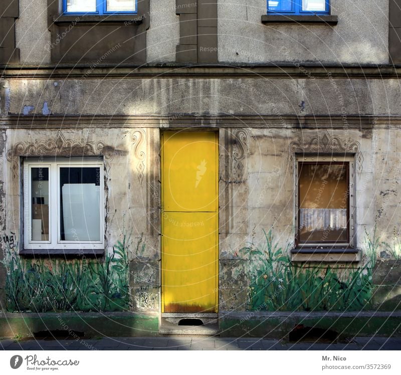 Art in Architecture I Urban Garden House (Residential Structure) Building Window Facade door Yellow Graffiti Entrance rear entrance Gray Cellar window Gloomy