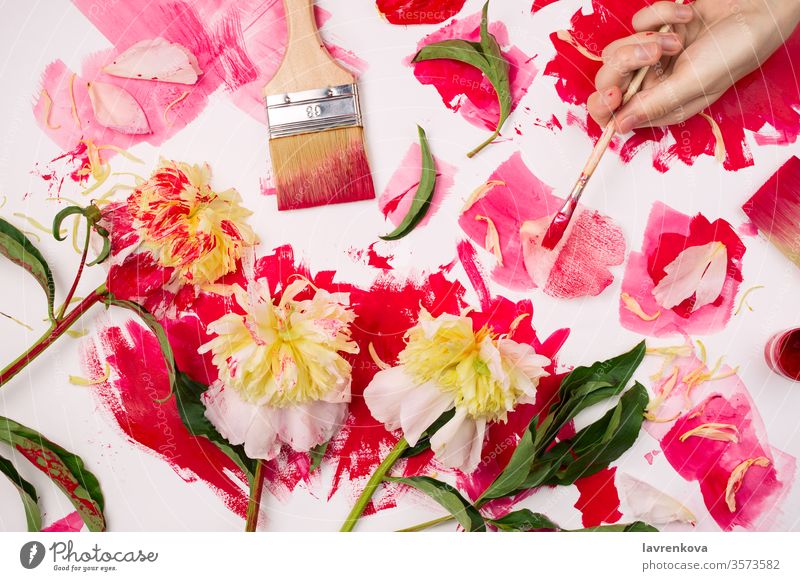 Flatlay with Honey Gold Peonies covered with red paint and other artist supplies on white woman female hand stationary top view creativity bristle brush peonies
