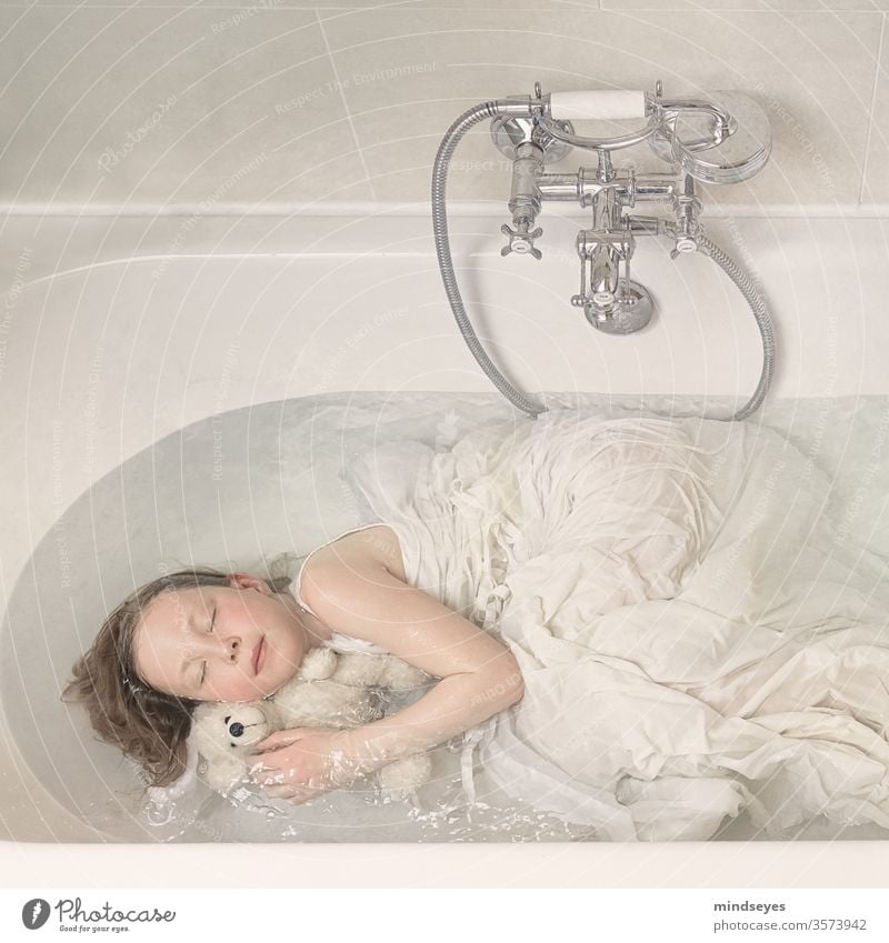 Sleeping in the bathtub bathroom Child girl asleep Teddy bear Wet Water Dream Interior shot Fittings Shower (Installation) bathe Bright White Innocent New neat