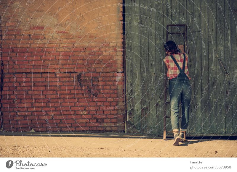Woman at a brick wall with wooden ladder Wooden ladder Ladder Career Craft (trade) ascent labour Wall (building) Brick Jeans