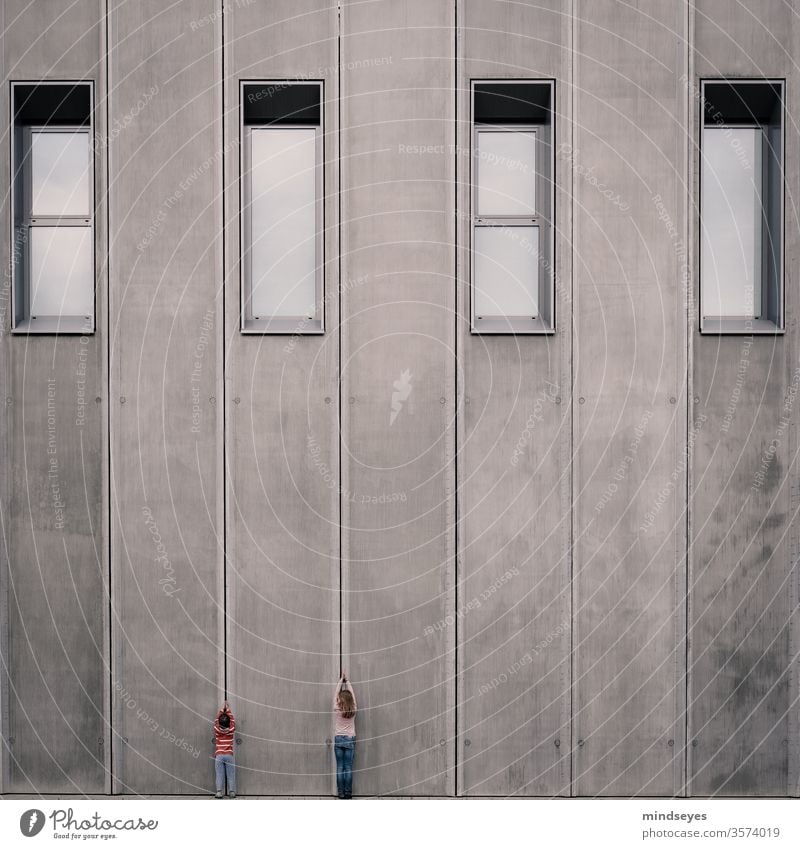 big and small children Infancy Architecture wax Stretching built great Window Concrete disparate Contrasts Gray variegated Wall (building) Gigantic Gloomy