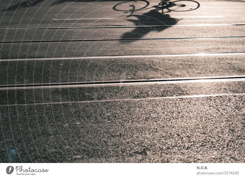 Shadow of a cyclist on the asphalt Bicycle Cycling Street Asphalt asphalting Railroad tracks Exterior shot Leisure and hobbies Transport Means of transport Town